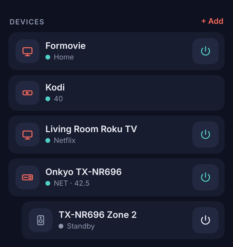 The Devices screen listing a projector, Kodi, a Roku TV, an Onkyo receiver and its Zone 2.